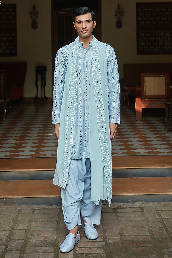 Light Blue Chanderi Kurta Set by Bohame Men