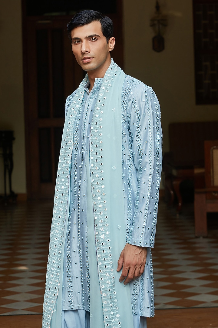 Light Blue Chanderi Kurta Set by Bohame Men at Pernia's Pop Up Shop