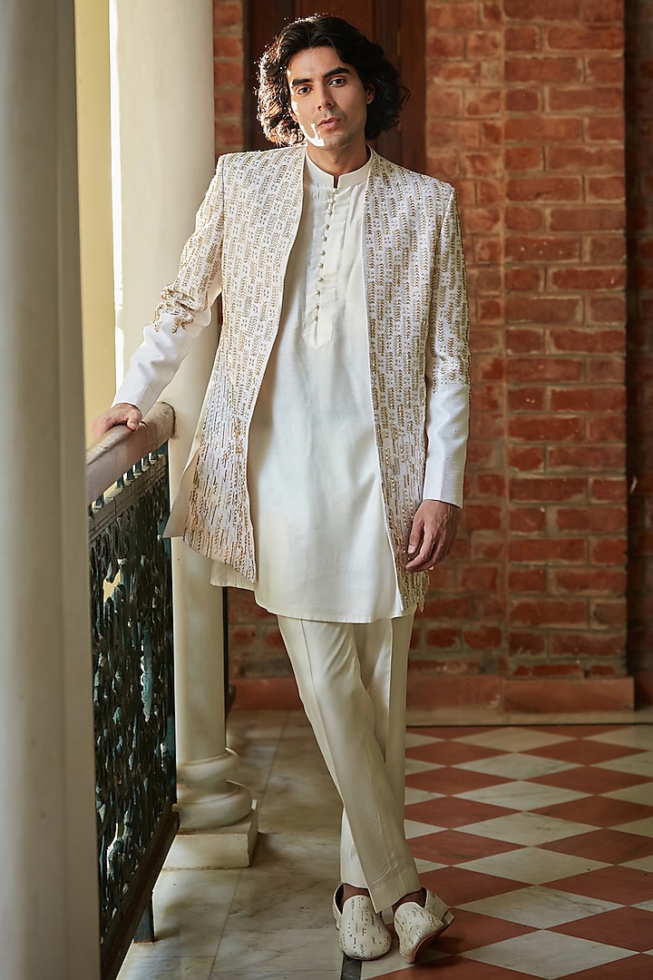 White Tussar Silk Indowestern Set by Bohame Men