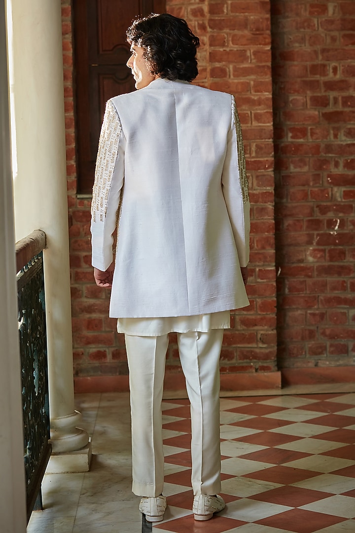 White Tussar Silk Wedding Indowestern Set by Bohame Men at Pernia's Pop Up Shop