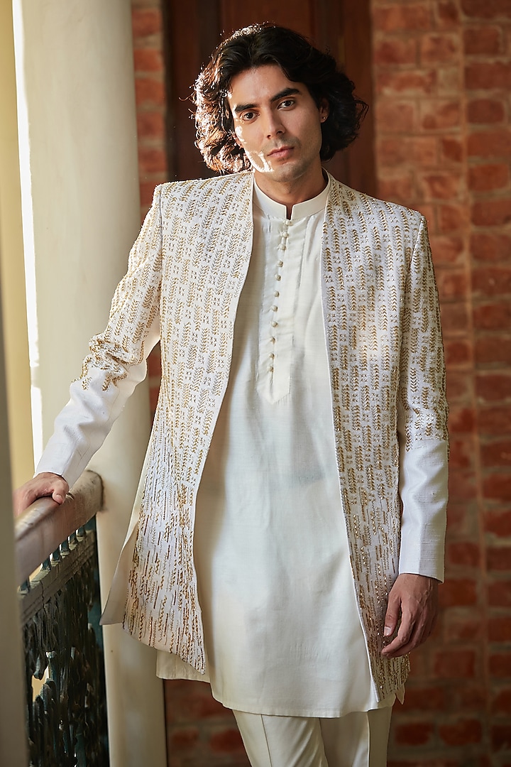 White Tussar Silk Wedding Indowestern Set by Bohame Men at Pernia's Pop Up Shop