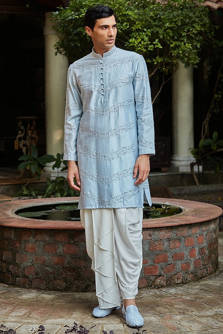 Light Blue Chanderi Kurta Set by Bohame Men at Pernia's Pop Up Shop