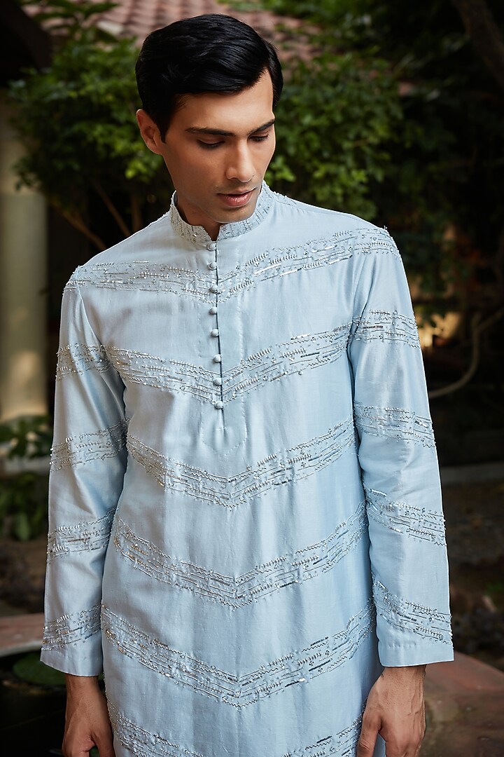 Light Blue Chanderi Kurta Set by Bohame Men at Pernia's Pop Up Shop