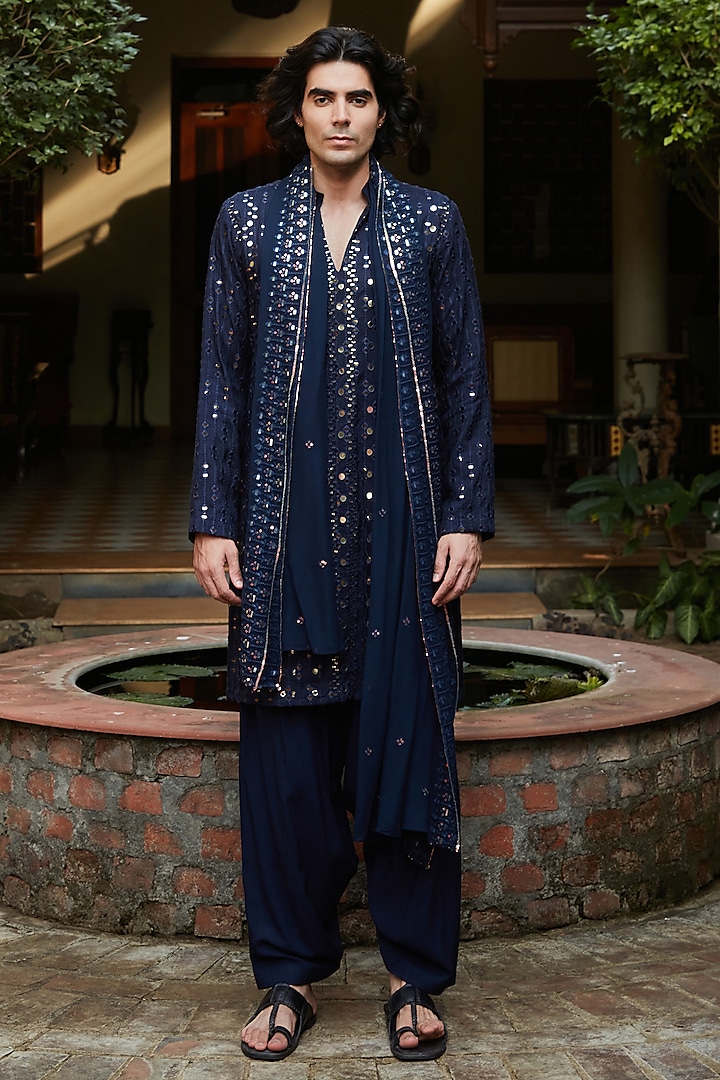 Navy Blue Chanderi Kurta Set by Bohame Men at Pernia's Pop Up Shop