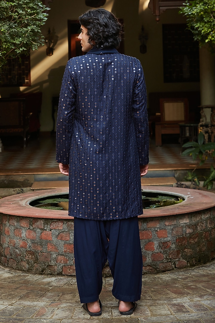 Navy Blue Chanderi Kurta Set by Bohame Men at Pernia's Pop Up Shop