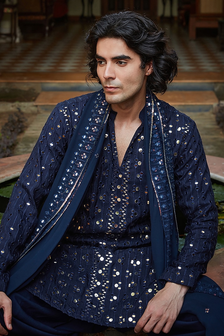 Navy Blue Chanderi Kurta Set by Bohame Men at Pernia's Pop Up Shop