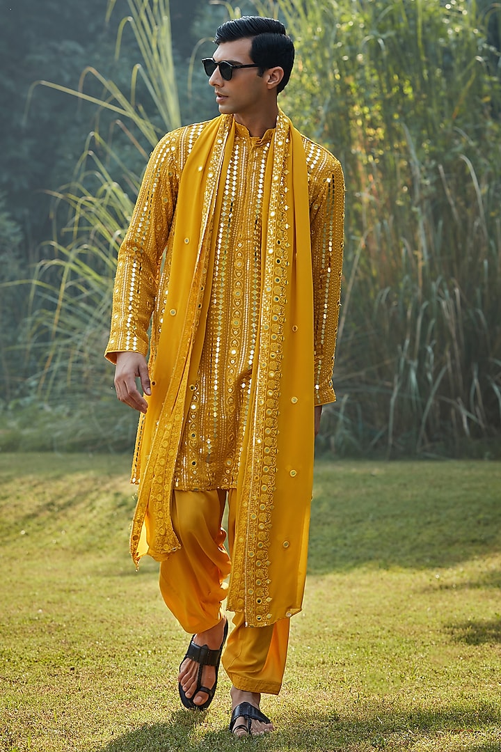 Mustard Chanderi Kurta Set by Bohame Men