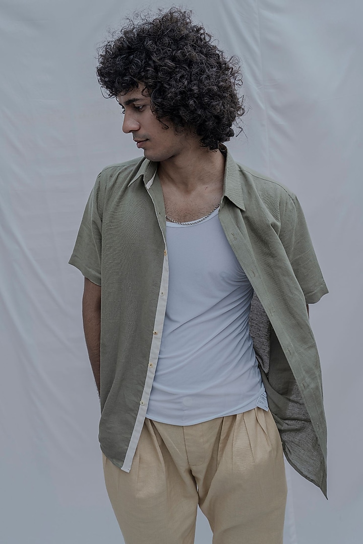 Olive Green Half Sleeve Summer Shirt by Bohame Men at Pernia's Pop Up Shop