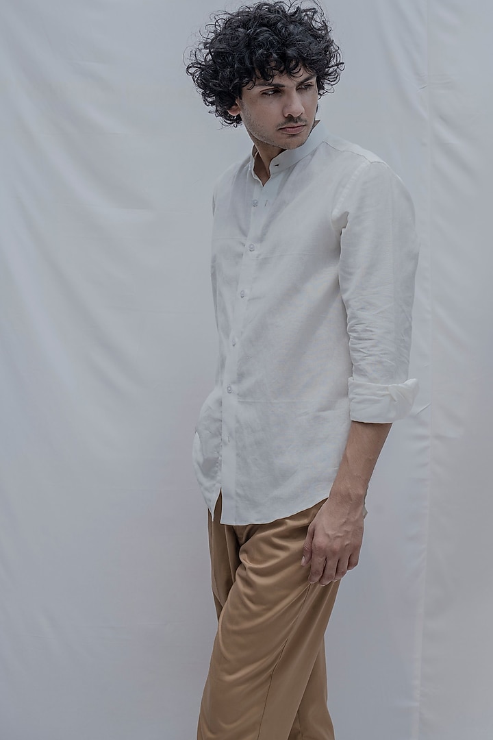 White Collared Summer Shirt With Shell Buttons by Bohame Men at Pernia's Pop Up Shop