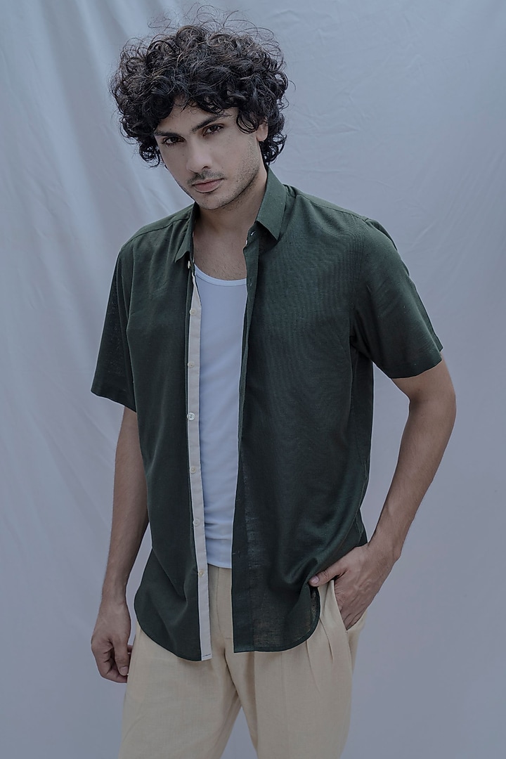 Green Summer Shirt In Cotton Linen by Bohame Men at Pernia's Pop Up Shop