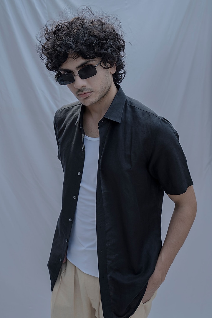 Black Collared Summer Shirt With Half Sleeves by Bohame Men at Pernia's Pop Up Shop