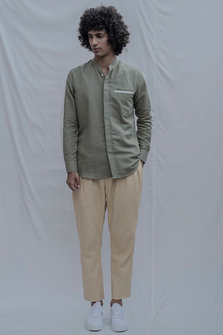 Olive Green Button-Up Summer Shirt by Bohame Men at Pernia's Pop Up Shop
