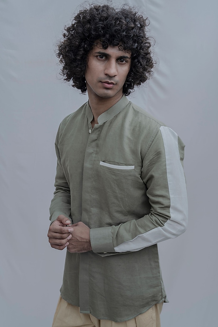 Olive Green Button-Up Summer Shirt by Bohame Men at Pernia's Pop Up Shop