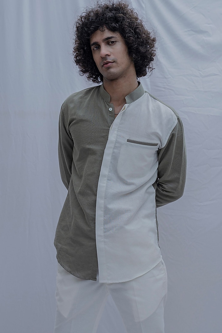 Olive Green & White Button-Up Summer Shirt by Bohame Men at Pernia's Pop Up Shop