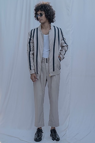 Beige Striped Suit Set by Bohame Men