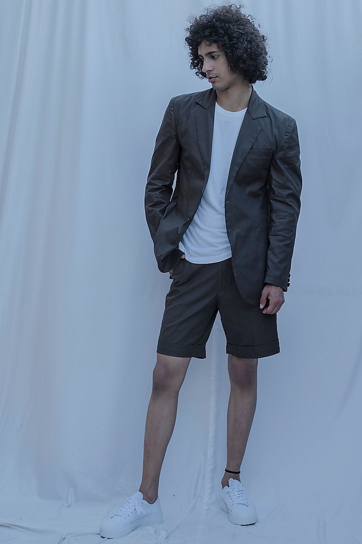 Dark Brown Blazer With Shorts by Bohame Men