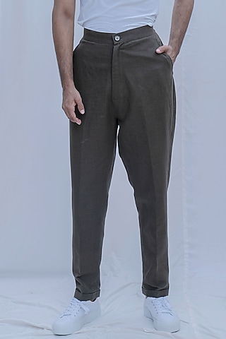 Dust Green Linen Trousers by Bohame Men