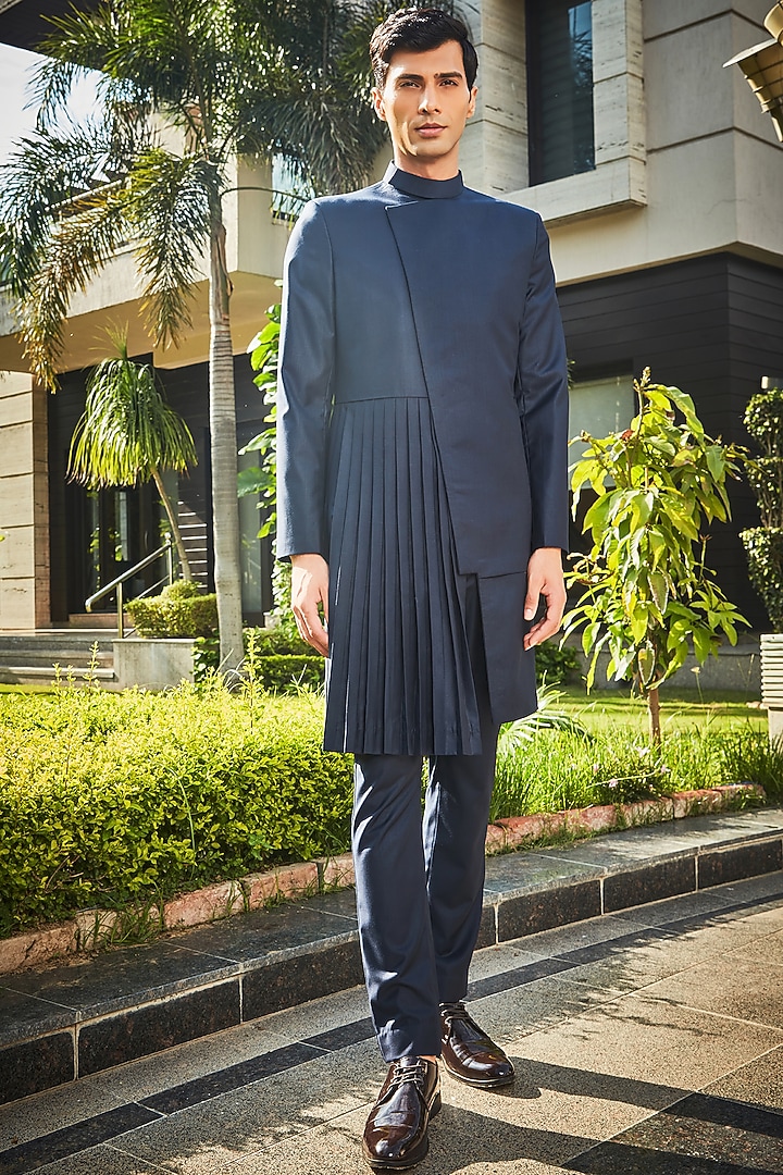 Navy Blue Terrywool Pleated Indo-Western Set by Bohame Men at Pernia's Pop Up Shop
