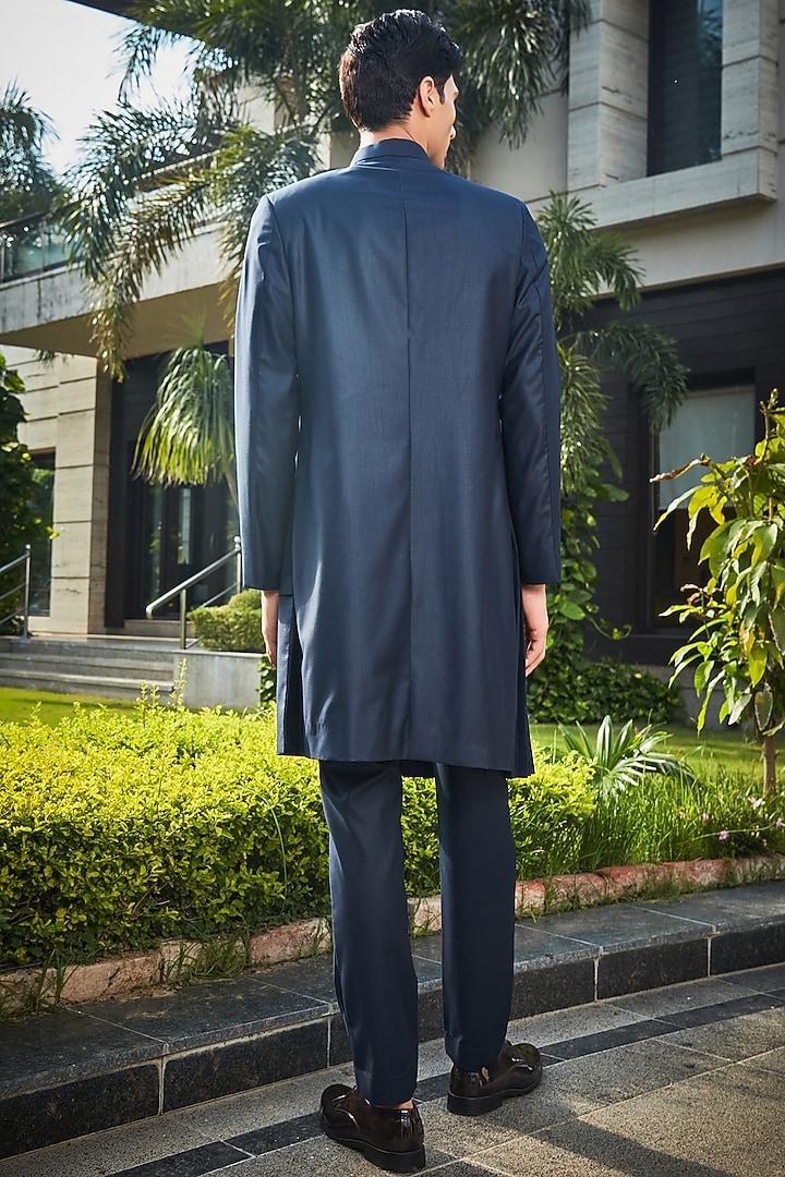 Navy Blue Terrywool Pleated Indo-Western Set by Bohame Men at Pernia's Pop Up Shop