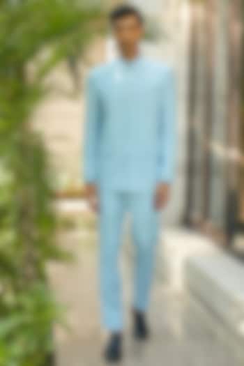 Sky Blue Terrywool Suiting Bandhgala Set by Bohame Men