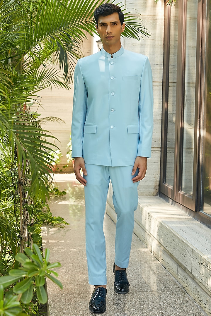 Sky Blue Terrywool Suiting Bandhgala Set by Bohame Men
