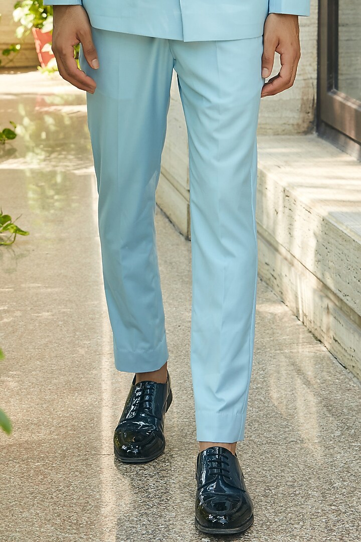 Sky Blue Terrywool Suiting Wedding Bandhgala Set by Bohame Men at Pernia's Pop Up Shop