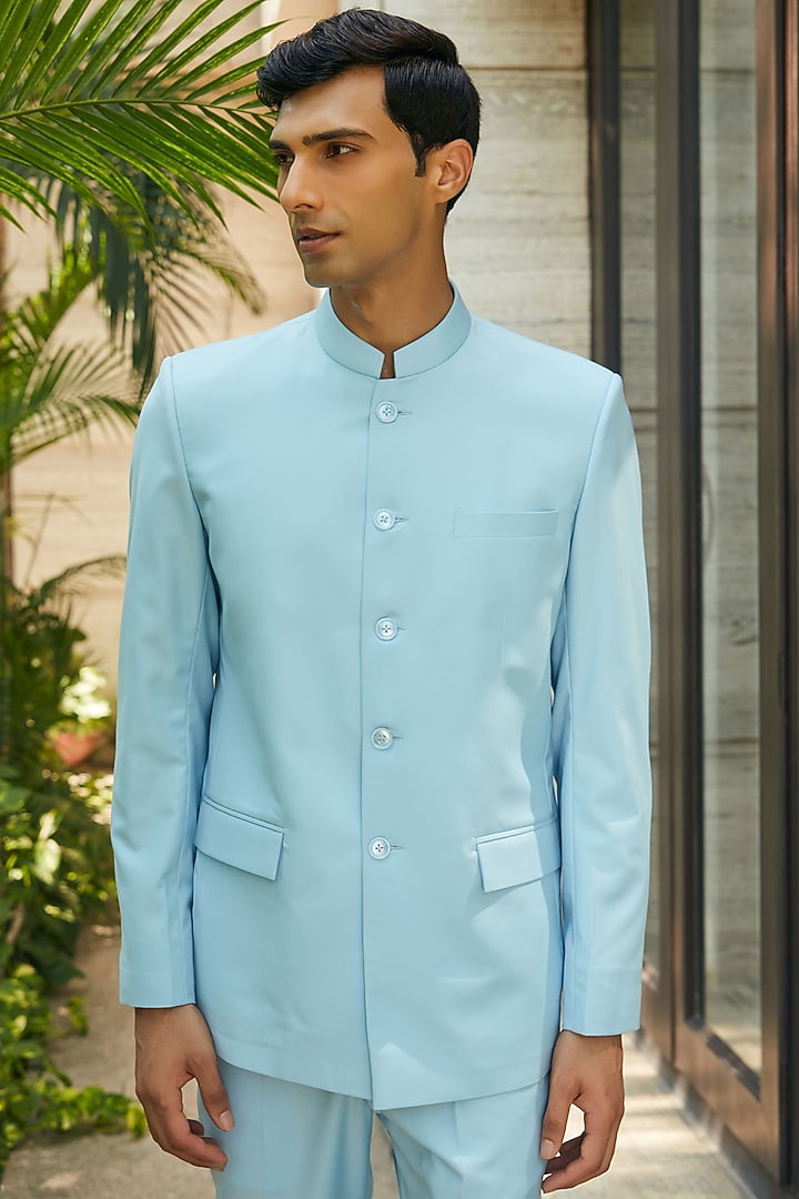 Sky Blue Terrywool Suiting Wedding Bandhgala Set by Bohame Men at Pernia's Pop Up Shop