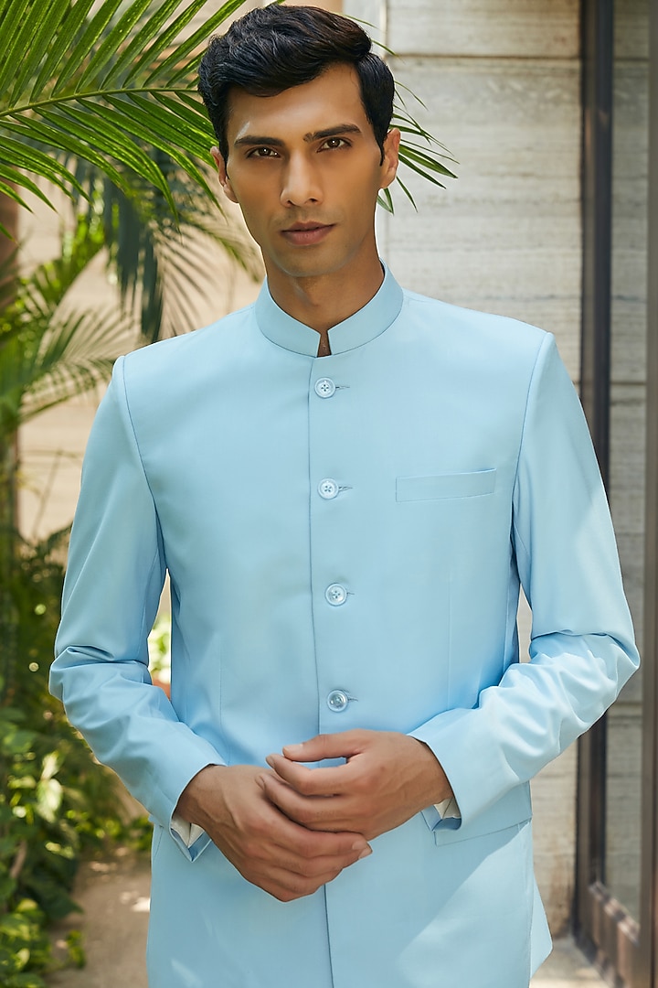 Sky Blue Terrywool Suiting Wedding Bandhgala Set by Bohame Men at Pernia's Pop Up Shop