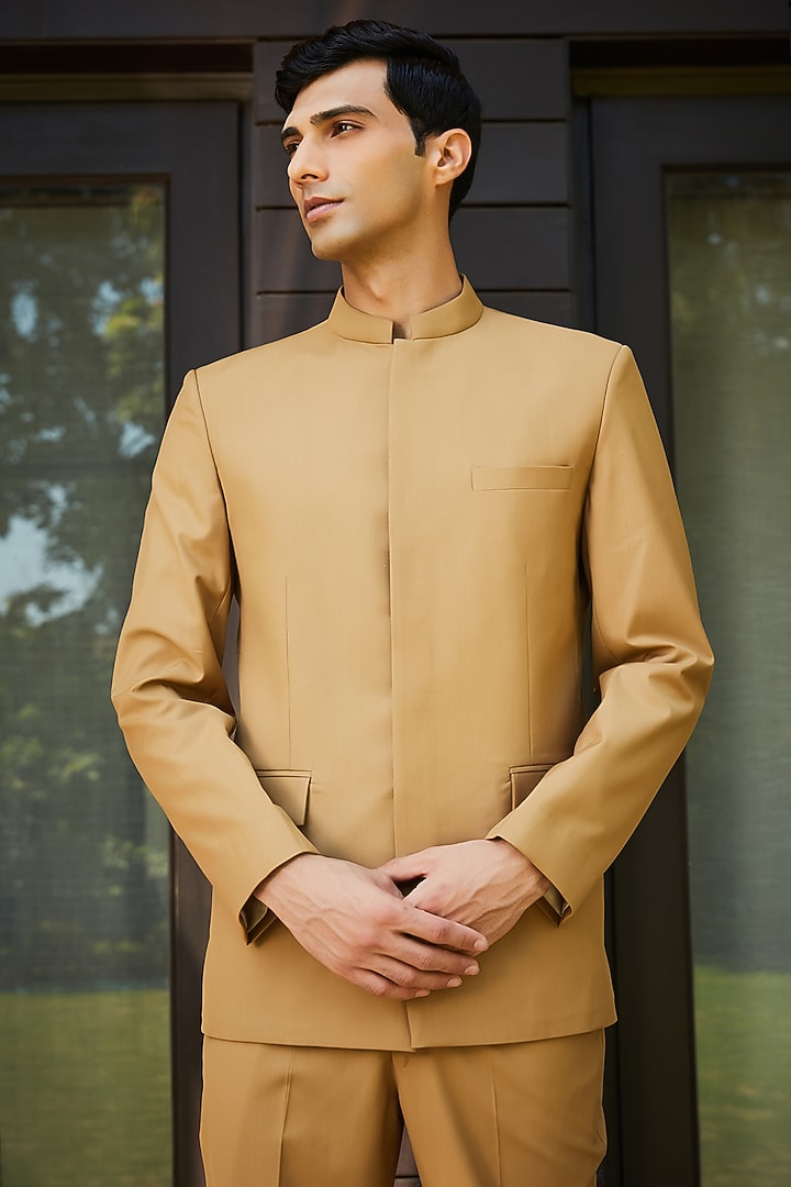 Beige Terrywool Suiting Wedding Bandhgala Set by Bohame Men at Pernia's Pop Up Shop