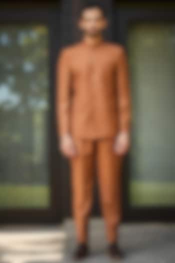 Rust Terrywool Suiting Bandhgala Set by Bohame Men