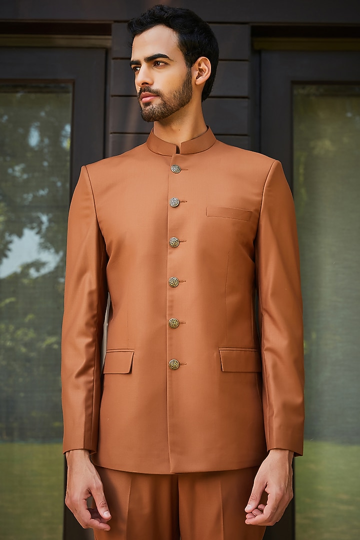 Rust Terrywool Suiting Wedding Bandhgala Set by Bohame Men at Pernia's Pop Up Shop