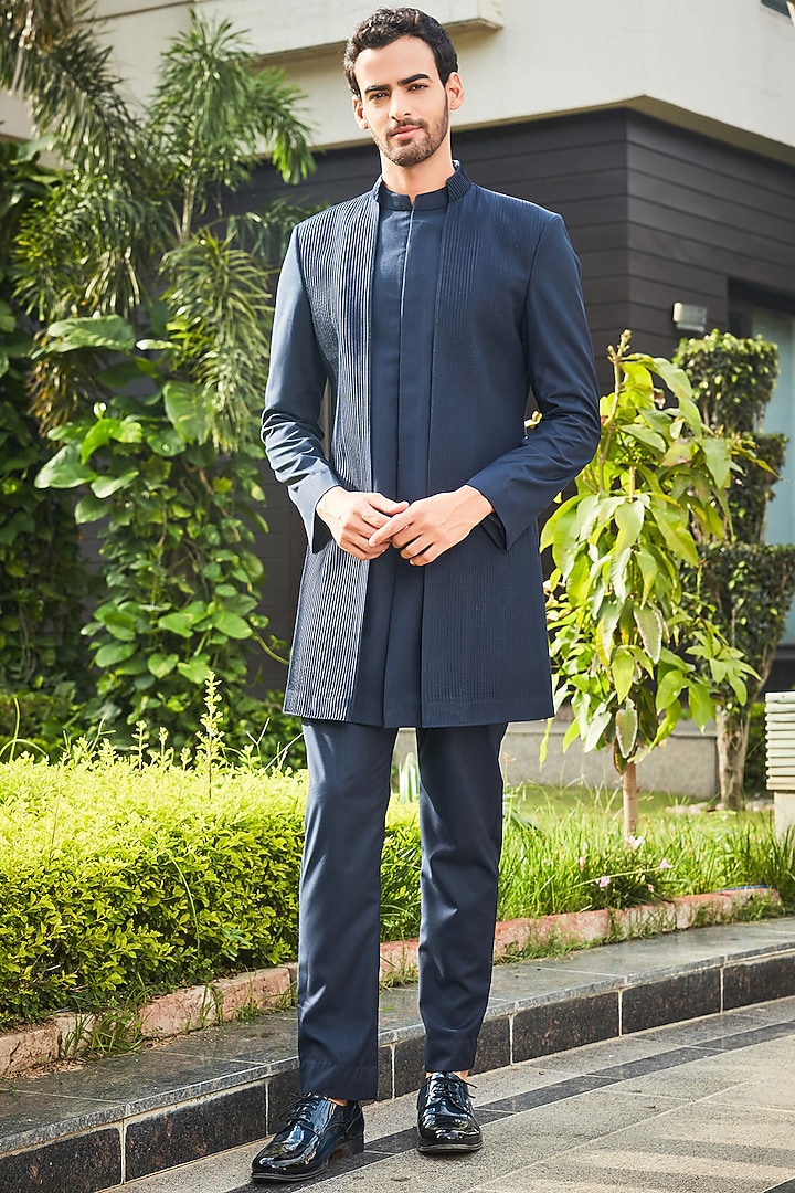 Navy Blue Terrywool Suiting Panelled Indo-Western Set by Bohame Men at Pernia's Pop Up Shop