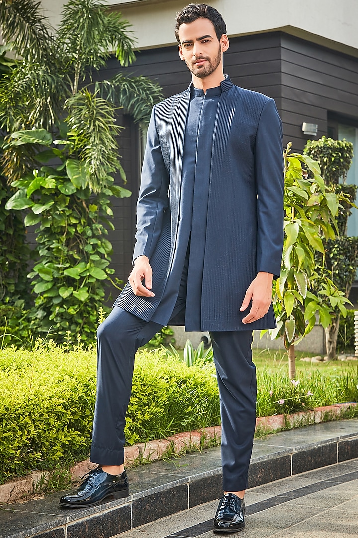 Navy Blue Terrywool Suiting Panelled Indo-Western Set by Bohame Men at Pernia's Pop Up Shop
