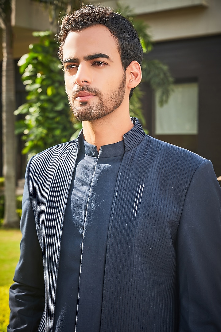 Navy Blue Terrywool Suiting Panelled Indo-Western Set by Bohame Men at Pernia's Pop Up Shop