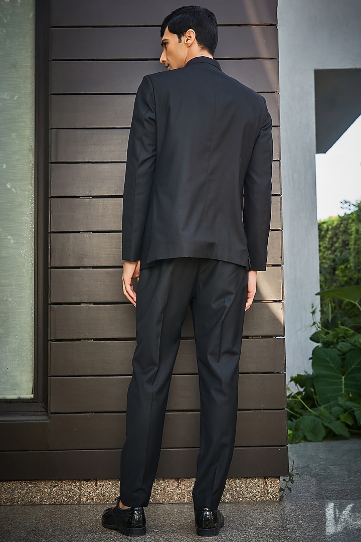 Black Terrywool Suiting Overlapped Wedding Bandhgala Set by Bohame Men at Pernia's Pop Up Shop
