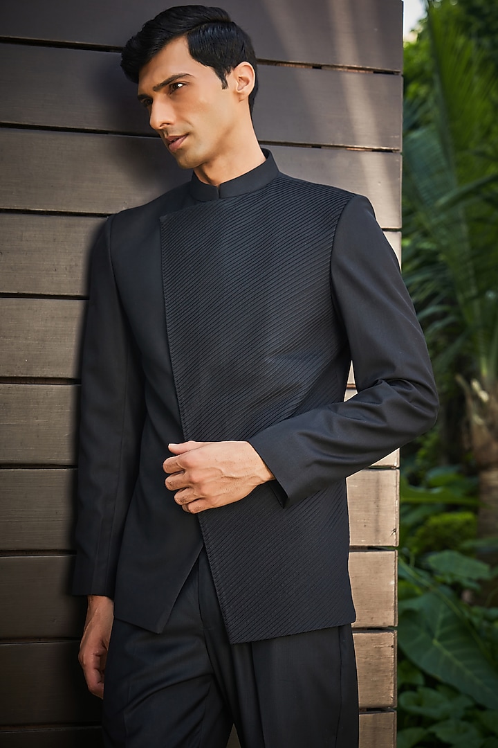 Black Terrywool Suiting Overlapped Wedding Bandhgala Set by Bohame Men at Pernia's Pop Up Shop