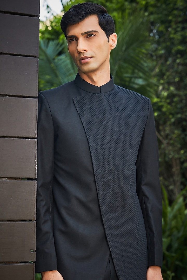 Black Terrywool Suiting Overlapped Wedding Bandhgala Set by Bohame Men at Pernia's Pop Up Shop