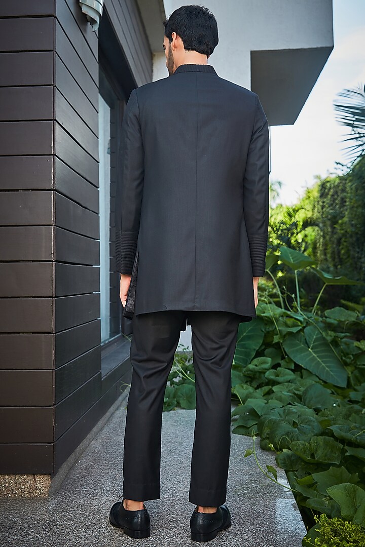 Black Terrywool Suiting Pintuck Indo-Western Set by Bohame Men at Pernia's Pop Up Shop