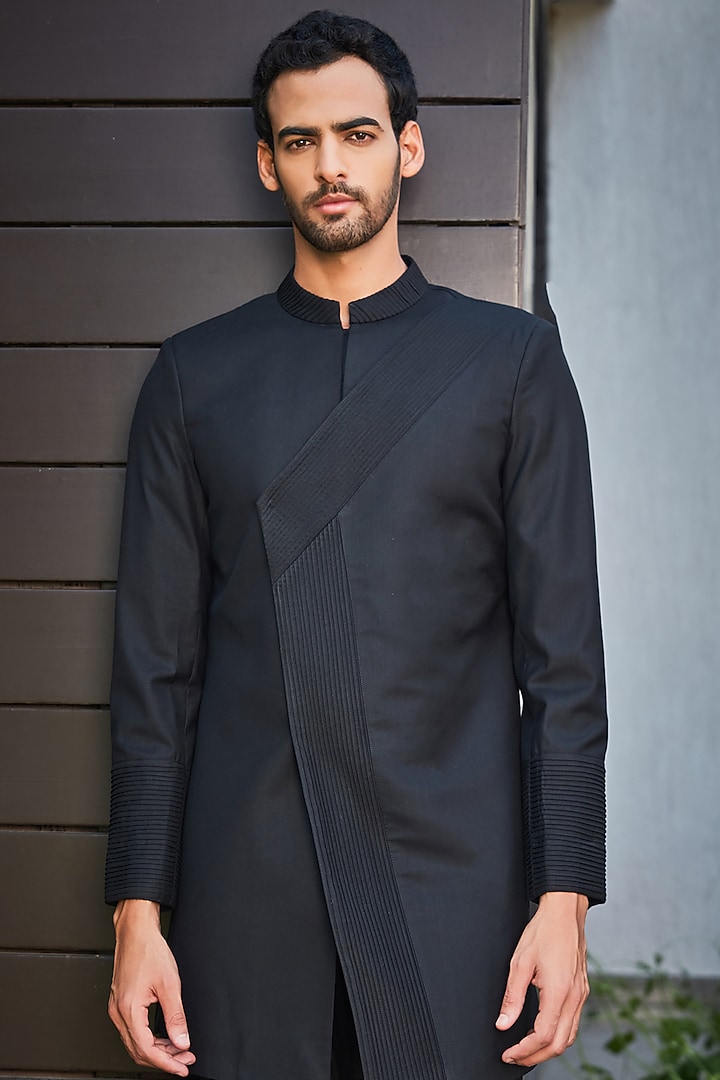 Black Terrywool Suiting Pintuck Indo-Western Set by Bohame Men at Pernia's Pop Up Shop