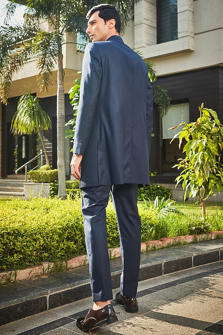 Navy Blue Terrywool Suiting Pintuck Indo-Western Set by Bohame Men at Pernia's Pop Up Shop