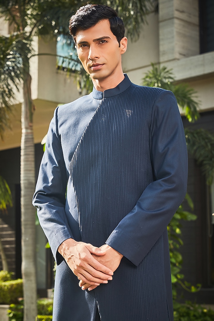 Navy Blue Terrywool Suiting Pintuck Indo-Western Set by Bohame Men at Pernia's Pop Up Shop