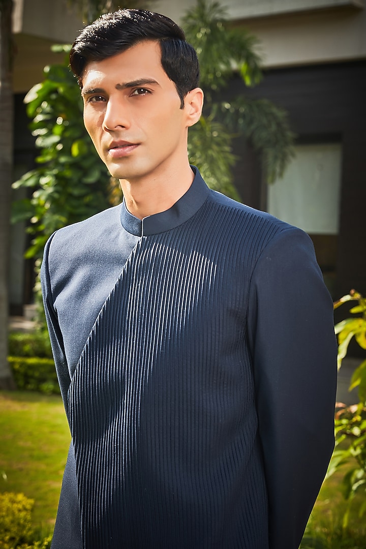 Navy Blue Terrywool Suiting Pintuck Indo-Western Set by Bohame Men at Pernia's Pop Up Shop