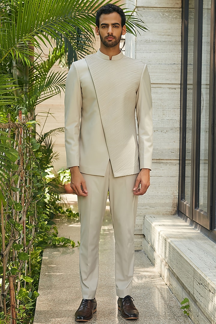 Ivory Terrywool Suiting Pintuck Bandhgala Set by Bohame Men at Pernia's Pop Up Shop