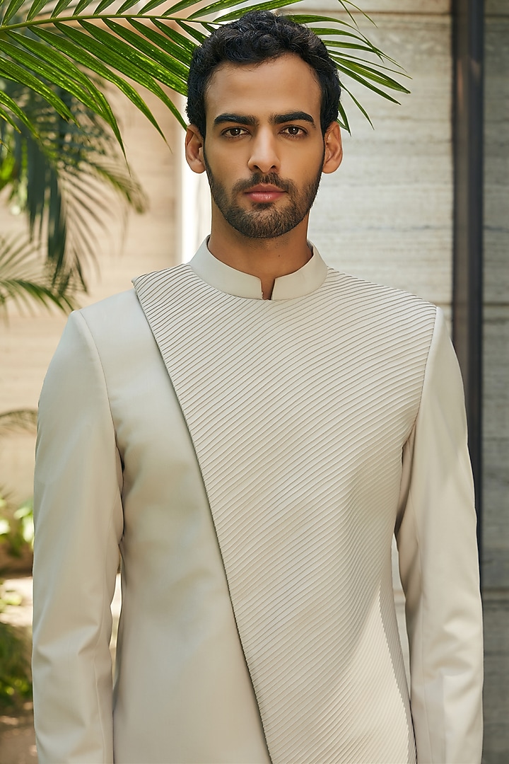 Ivory Terrywool Suiting Pintuck Wedding Bandhgala Set by Bohame Men at Pernia's Pop Up Shop