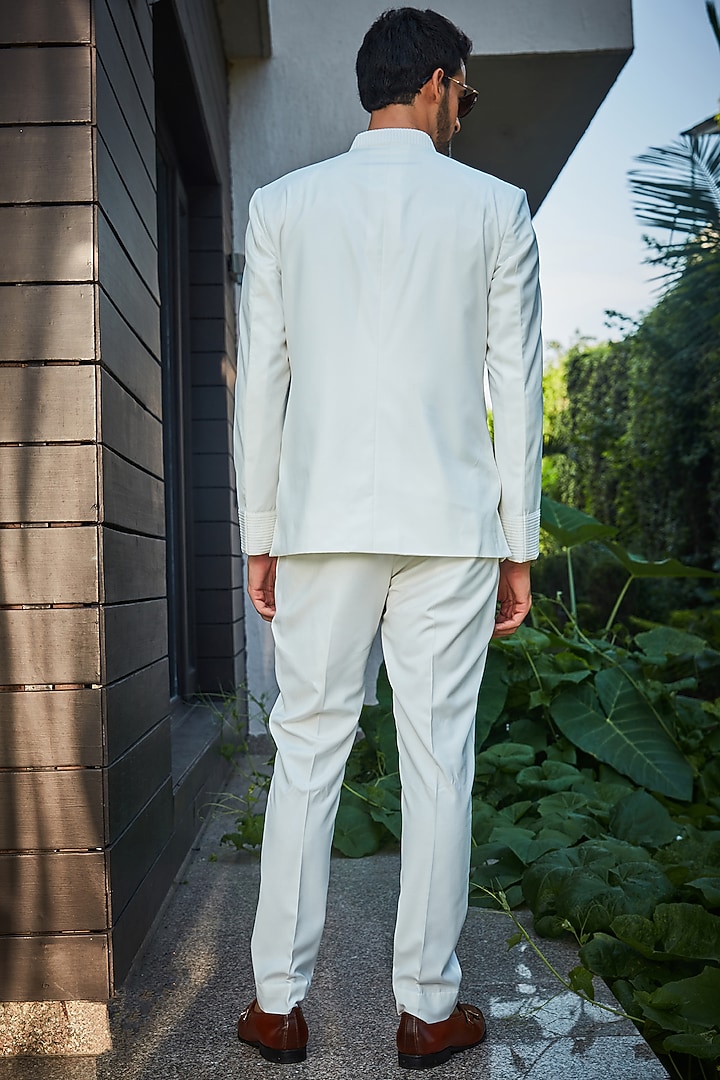 Milky White Terrywool Suiting Pintuck Wedding Bandhgala Set by Bohame Men at Pernia's Pop Up Shop