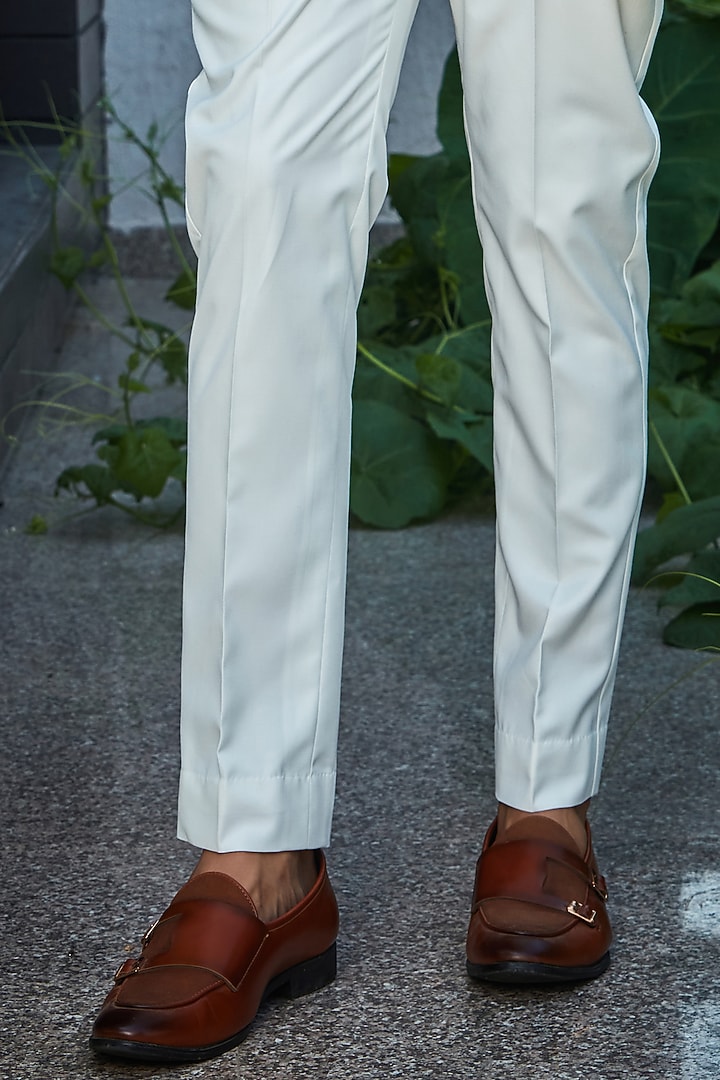 Milky White Terrywool Suiting Pintuck Wedding Bandhgala Set by Bohame Men at Pernia's Pop Up Shop