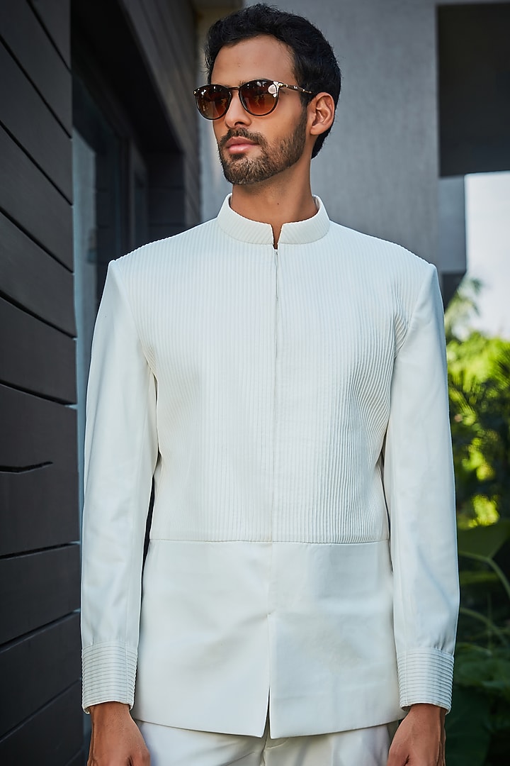 Milky White Terrywool Suiting Pintuck Wedding Bandhgala Set by Bohame Men at Pernia's Pop Up Shop