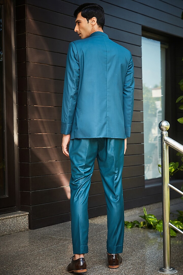 Teal Green Terrywool Suiting Pintuck Wedding Bandhgala Set by Bohame Men at Pernia's Pop Up Shop