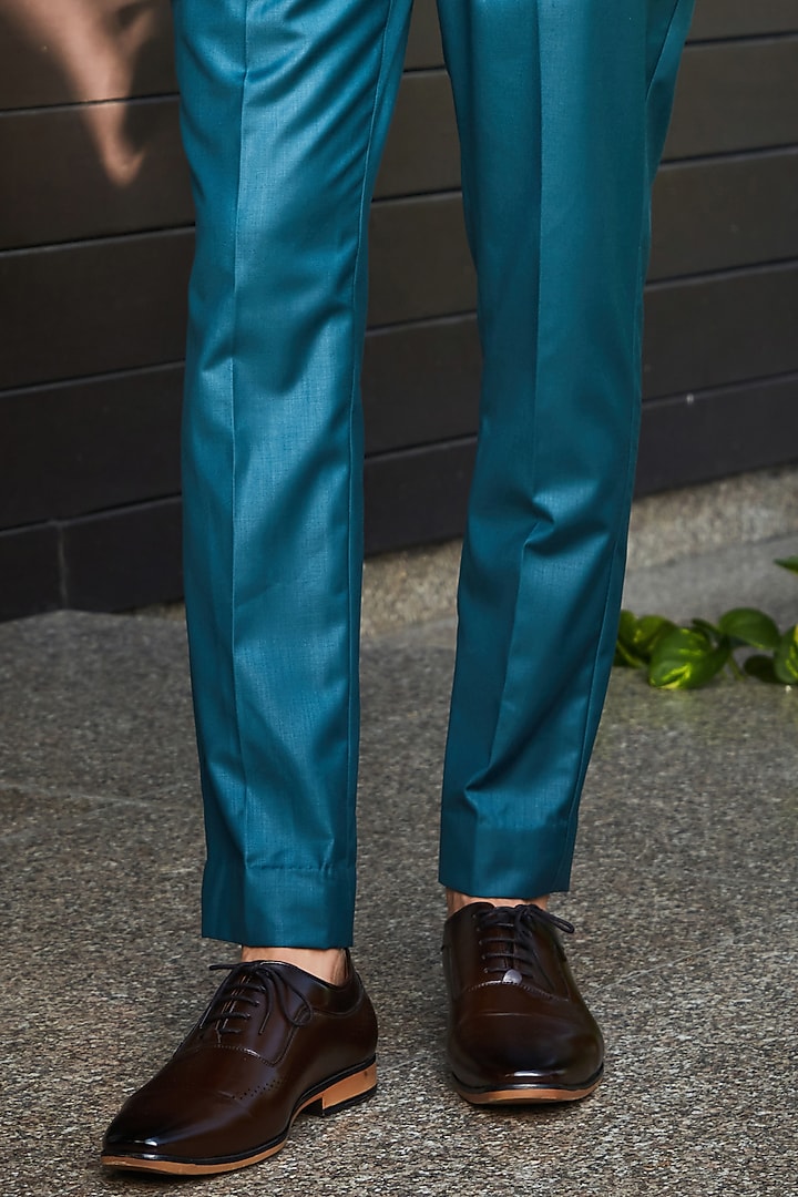 Teal Green Terrywool Suiting Pintuck Wedding Bandhgala Set by Bohame Men at Pernia's Pop Up Shop