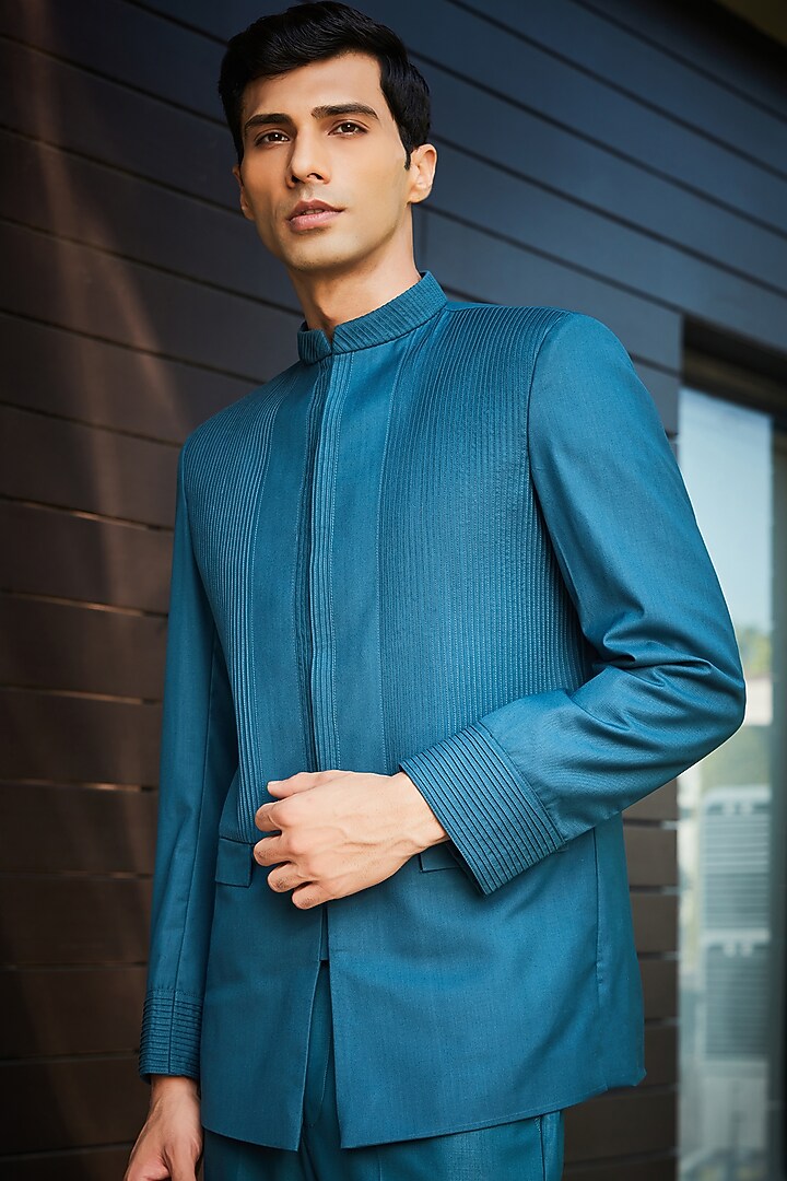 Teal Green Terrywool Suiting Pintuck Wedding Bandhgala Set by Bohame Men at Pernia's Pop Up Shop